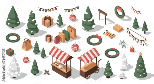 Isometric christmas market with festive decorations and trees