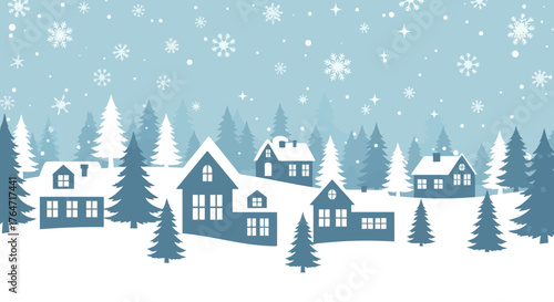 Winter Village Scene A serene landscape with snow-covered houses and frosty pine trees creating a tranquil holiday backdrop