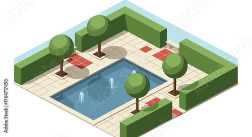 Modern isometric garden with pool and hedges
