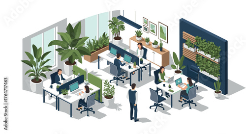 Modern isometric office workspace with greenery and collaborative environment
