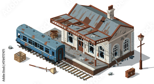 Isometric abandoned train station with vintage railcar and rustic details