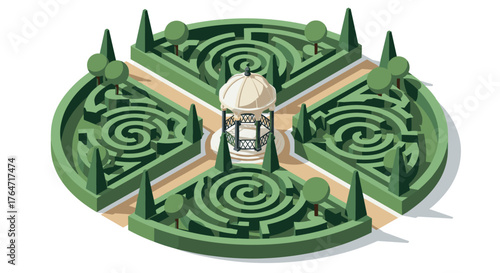 Isometric garden maze with gazebo and topiary trees in circular layout