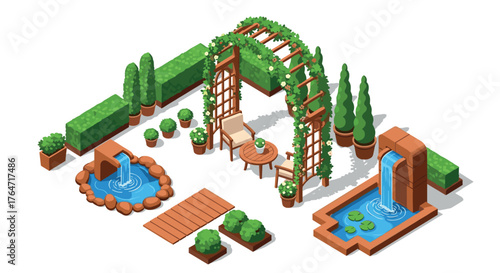 Isometric garden design with pergola, pond, and greenery elements