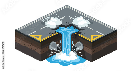 Isometric view of burst water pipe under road section with flowing water and soil layers