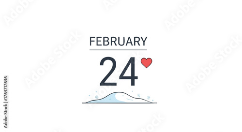 Charming February 24th Date Illustration with a Heart Accent and Snowy Landscape Drawing