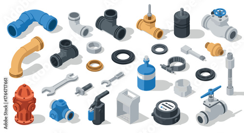 Isometric plumbing tools and equipment set for modern construction and repair