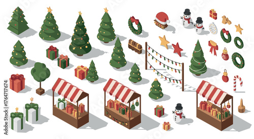 Festive isometric christmas market with trees, gifts, and decorations