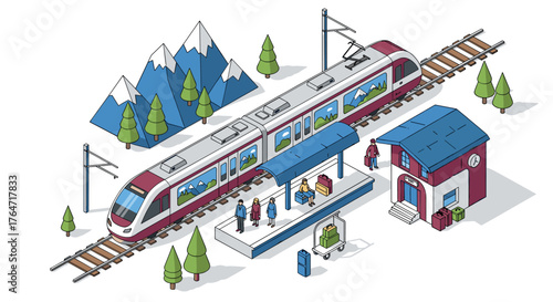 Modern train at mountain station with passengers in isometric design