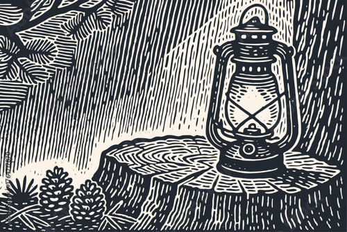 An old kerosene lantern shines on a tree stump in a dark, rainy forest. Vintage vector illustration in a classic hand-drawn woodcut or linocut style.