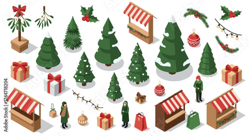 Isometric christmas market scene with trees, decorations, and stalls in festive winter setting