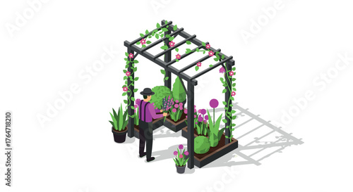 Gardener tending vibrant flowers under floral trellis in isometric design
