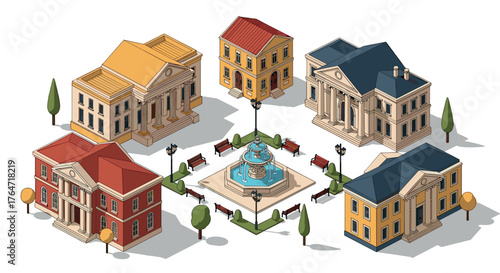 Isometric town square with classical buildings and central fountain