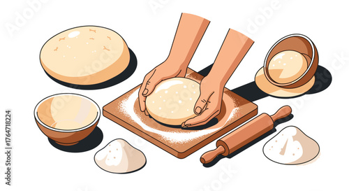 Hands kneading dough with bowls and rolling pin on wooden board