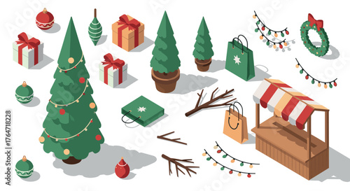 Festive christmas market elements with trees, gifts, and decorations in isometric style