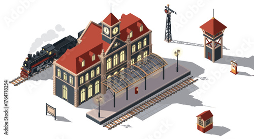 Isometric train station scene with vintage locomotive and red-roofed buildings
