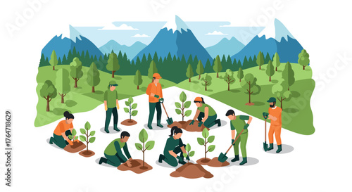 Community tree planting in mountainous landscape for environmental conservation
