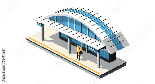 Modern isometric bus shelter with passenger waiting on platform