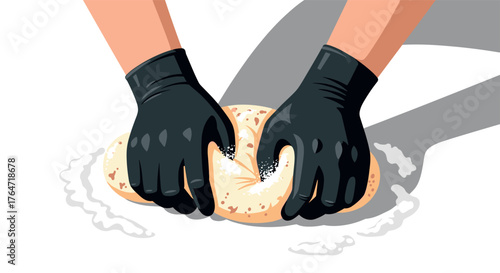 Wearing black gloves to knead dough with flour on white background