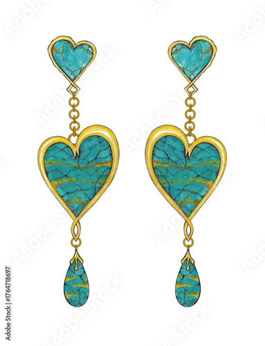 Jewelry design heart gold earrings with turquoise design by hand drawn.