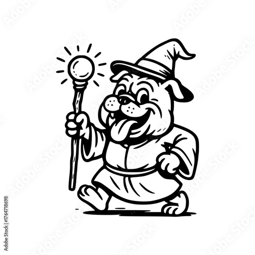 Magical Bulldog Wizard A Whimsical Cartoon Illustration with Staff and Pointy Hat