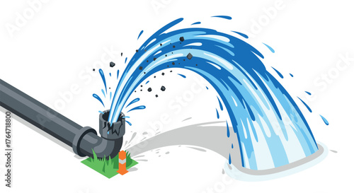 Broken pipe with water splash in isometric style