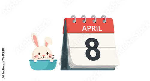 Cartoon Easter bunny illustration peeking out of bowl with calendar marking April 8th vector art concept celebration event planning reminder date