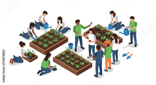 Community gardening in action: diverse group cultivating plants in urban garden scene