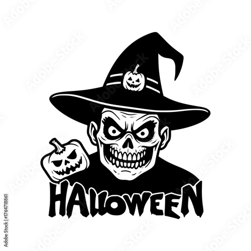 Vector graphic illustration of a creepy smiling skull wearing a classic witch hat, accompanied by a small carved pumpkin, ideal for spooky holiday designs and festive celebrations