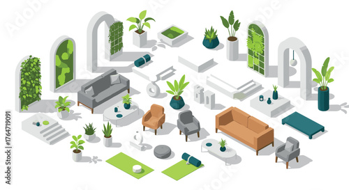 Modern isometric living room set with greenery and stylish furniture elements
