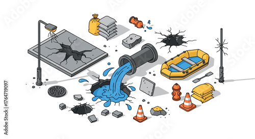 Isometric urban disaster elements with flood, cracks, and debris in cartoon style