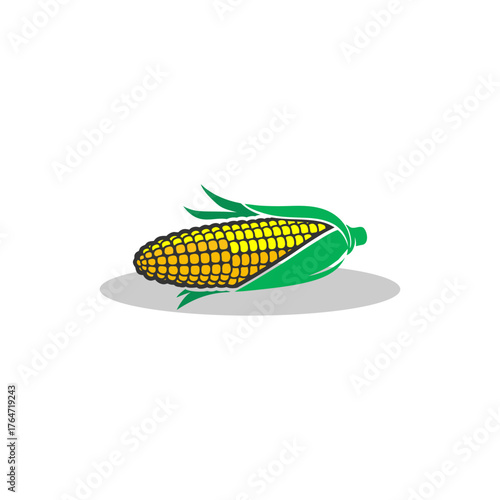 Illustration of a single ear of corn with green husks, lying on a light gray shadow.