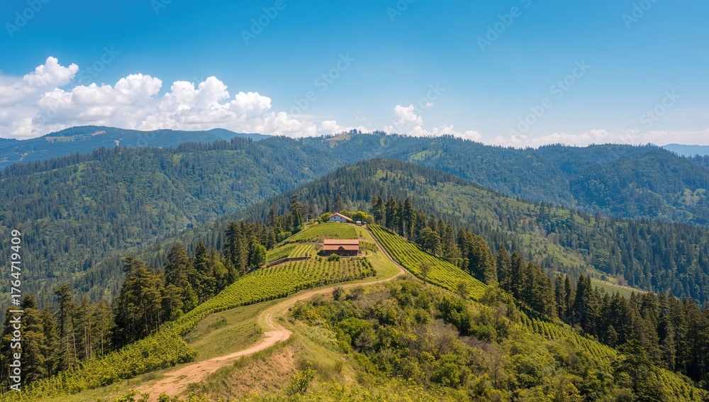 Fototapeta premium Agricultural fields nestled atop a high hill during summer, surrounded by trees and lush greenery