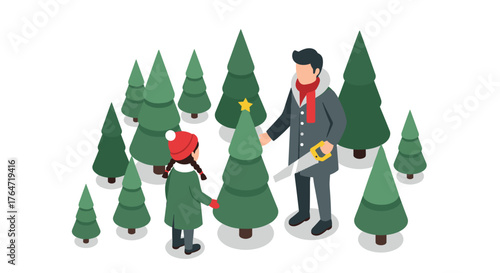 Family choosing christmas tree in festive isometric winter forest scene