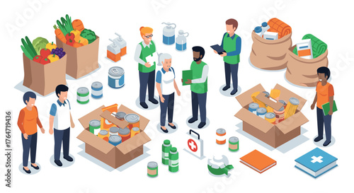Community donation drive: volunteers organizing food and supplies for the needy