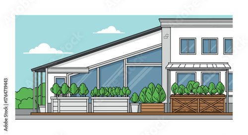 Modern greenhouse building with glass windows and planters in a line art style