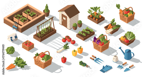 Isometric garden set with vegetables, tools, and greenhouse