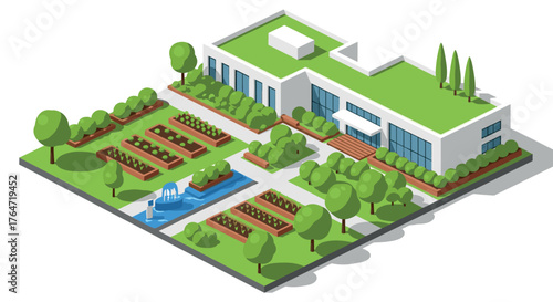 Modern eco-friendly building with green roof and garden in isometric design