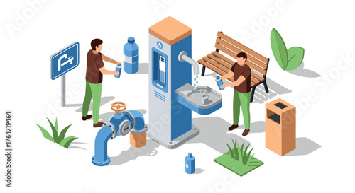 Isometric public drinking water station with people refilling bottles in urban park setting