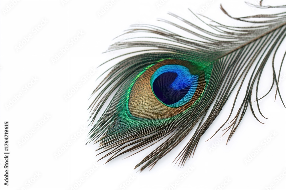 Obraz premium Isolated peacock plume against a plain white backdrop with room for text
