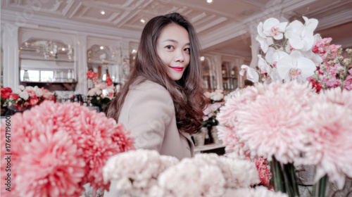 Young smiling east asian woman organizing pastel chrysanthemums and orchids inside a flower boutique and looking at the camera.