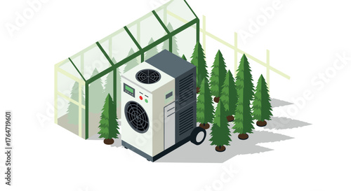 Eco-friendly greenhouse with air conditioning unit and pine trees in isometric style