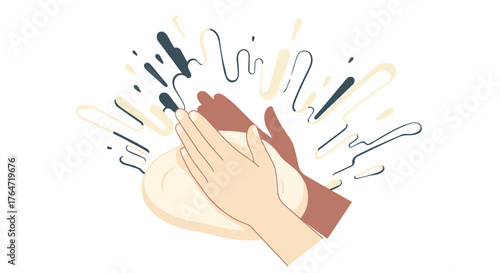 Hands kneading dough with creative splash in minimalist style