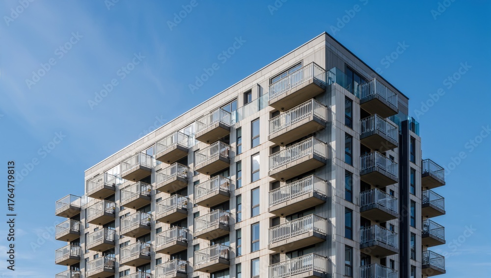 Fototapeta premium Modern apartment complex featuring balconies under a clear blue sky