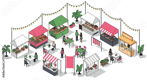 Vibrant outdoor market scene with food stalls and decorations