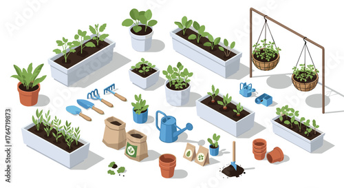 Isometric gardening kit with raised beds and tools for home gardening and urban farming