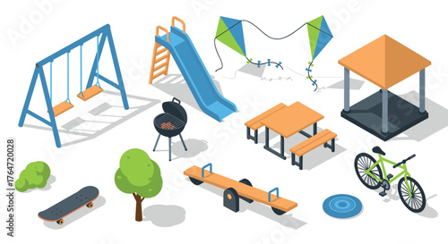Isometric park playground with swing set, slide, and picnic area