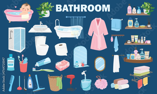 Bathroom clipart elements in cartoon flat design. Includes bathtub, mirror, sink, toilet, cleaning supplies, towels, bathrobe, hair dryer, plants, and toiletries. Bathroom essentials vector set.