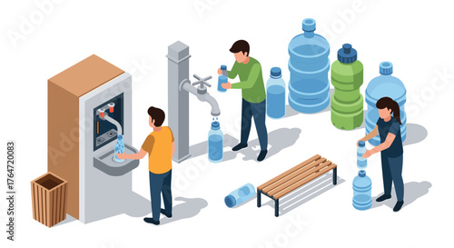 Individuals refilling bottles at water stations in isometric style