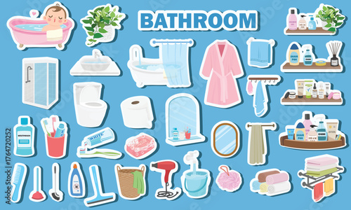 Bathroom sticker set  in cartoon flat design. Includes bathtub, mirror, sink, toilet, cleaning supplies, towels, bathrobe, hair dryer, plants, and toiletries. Bathroom essentials vector set.