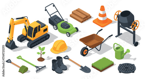 Collection of construction and gardening tools in isometric style